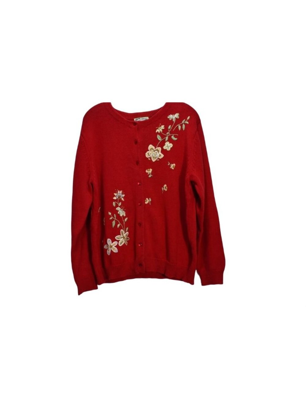 Heirloom Collectables Red Floral Embroidered Cardigan Sweater L